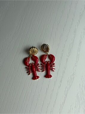 Red Lobster Drop Earrings with Gold Shell Studs